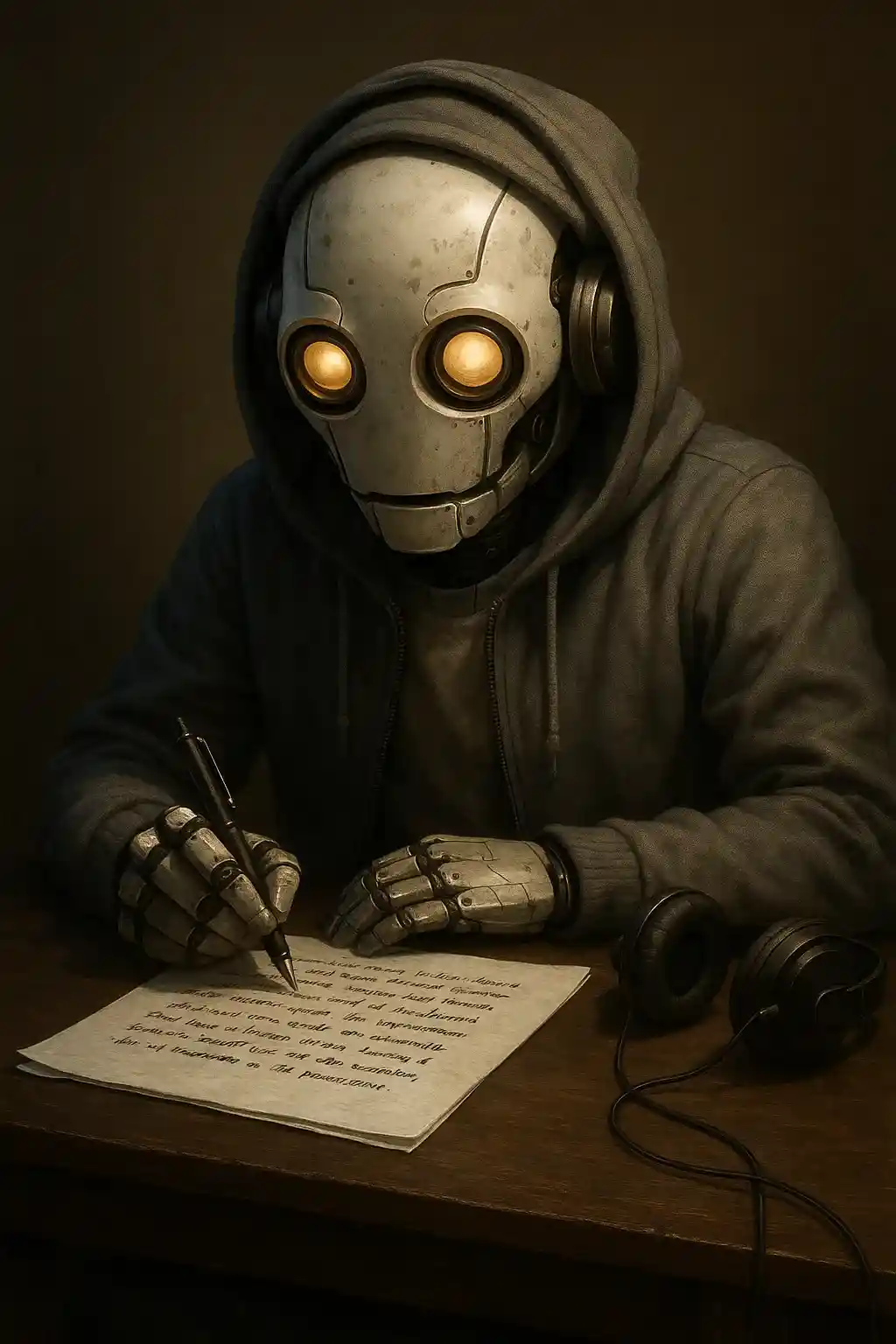 Illustration représentant un robot doté d'intelligence artificielle en train d'écrire un texte rap français