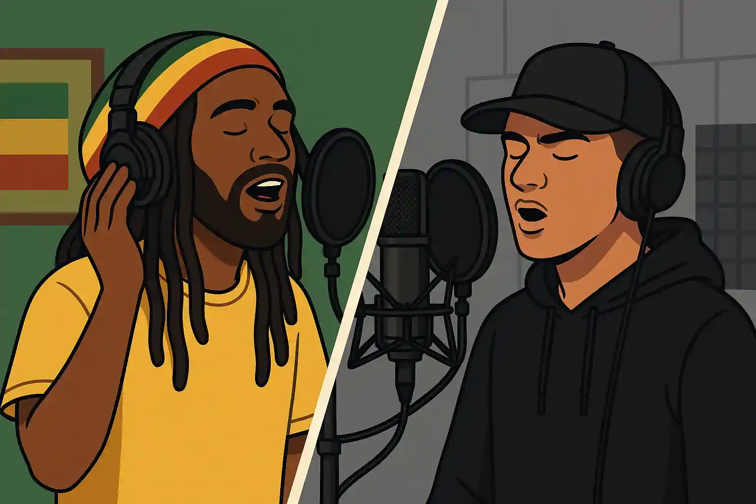Une illustration représentant l'histoire de la topline, depuis ses origines en Jamaïque, à aujourd'hui, où elle est très répandue dans le rap français